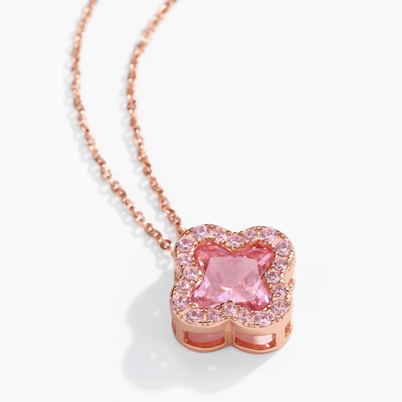 Elegant S925 Sterling Silver Zircon Beaded Necklace Rose Gold Plated Clover Pendant Necklace for Women