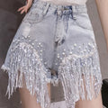 Wholesale Custom Casual Fashionable Tassels Jeans Short Heavy Beaded Sequins Ripped Hot Pants With Fringles for Ladies