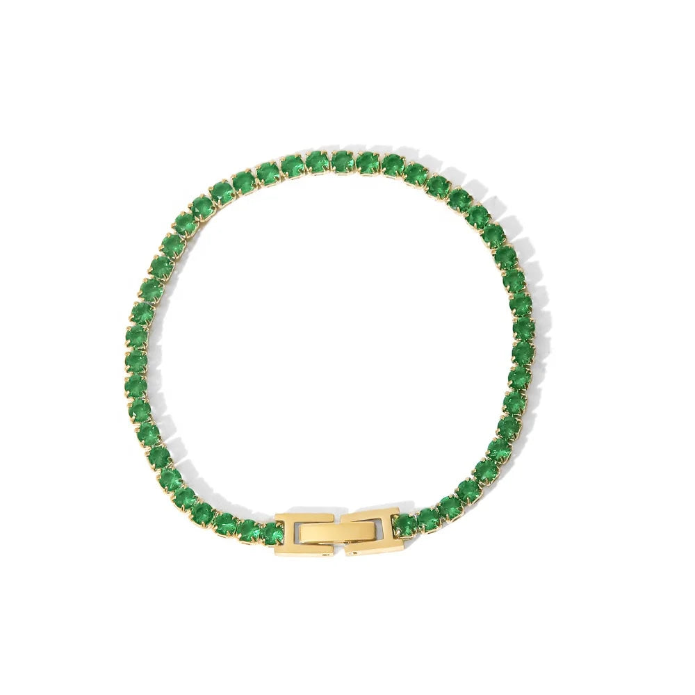 Waterproof 14k Gold Plated Full Green Zircon Plated Claw Setting  Stainless Steel Bracelets
