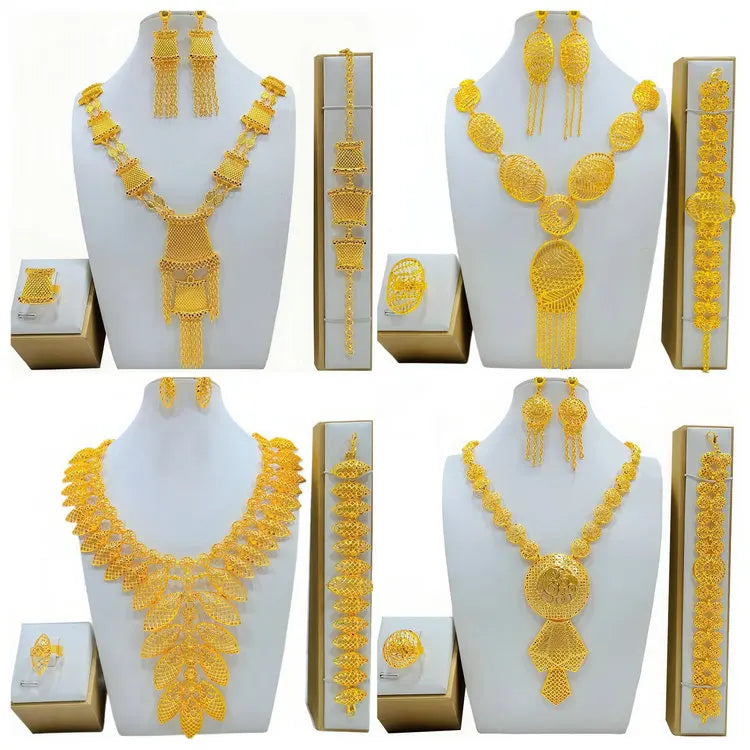 24k Dubai Bride Wedding Jewelry Set Middle Eastern Ladies Necklace Earrings Ring Bracelet Set Wholesale