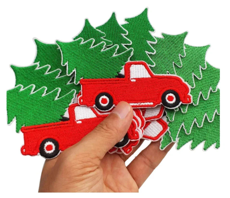 X'Mas Christmas Tree Truck Patch Iron on Pink up Truck Embroidered Patches Appliques Machine Embroidery