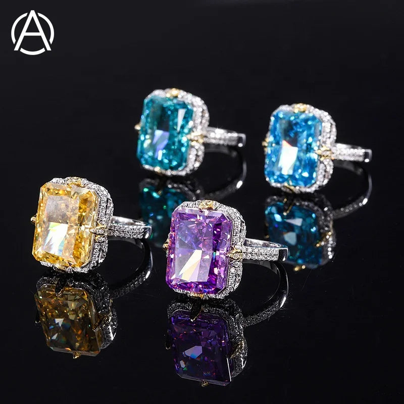 Fine Jewelry Woman Silver Jewelry Ring Blue Radiant Cut Stone 8A/5A Cubic Zirconia Ring Jewelry Women Blue Topaz Stone Ring