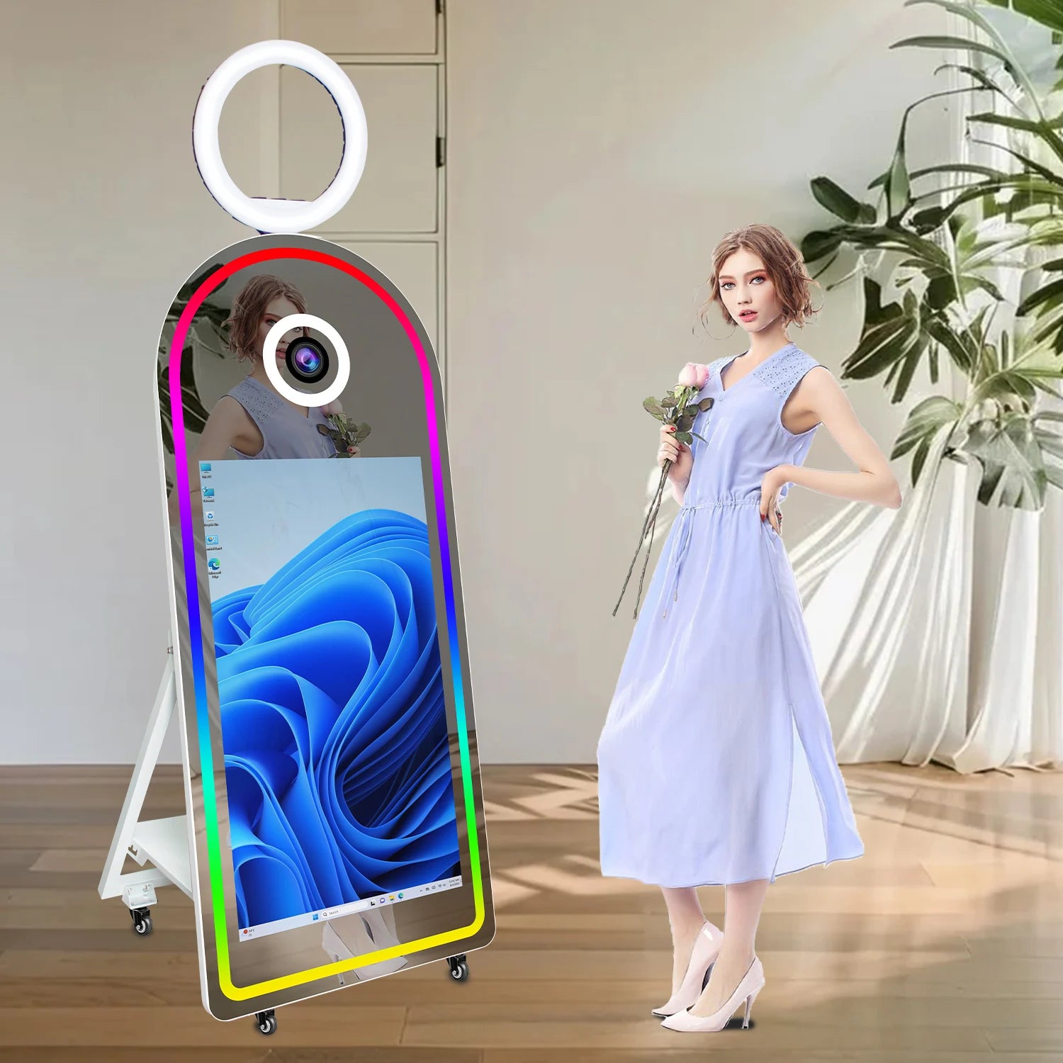 43-Inch Selfie Magic Mirror Photo Booth Party Supplies Touch Screen LED Light Strips Photobooth Machine for Camera Compatibility