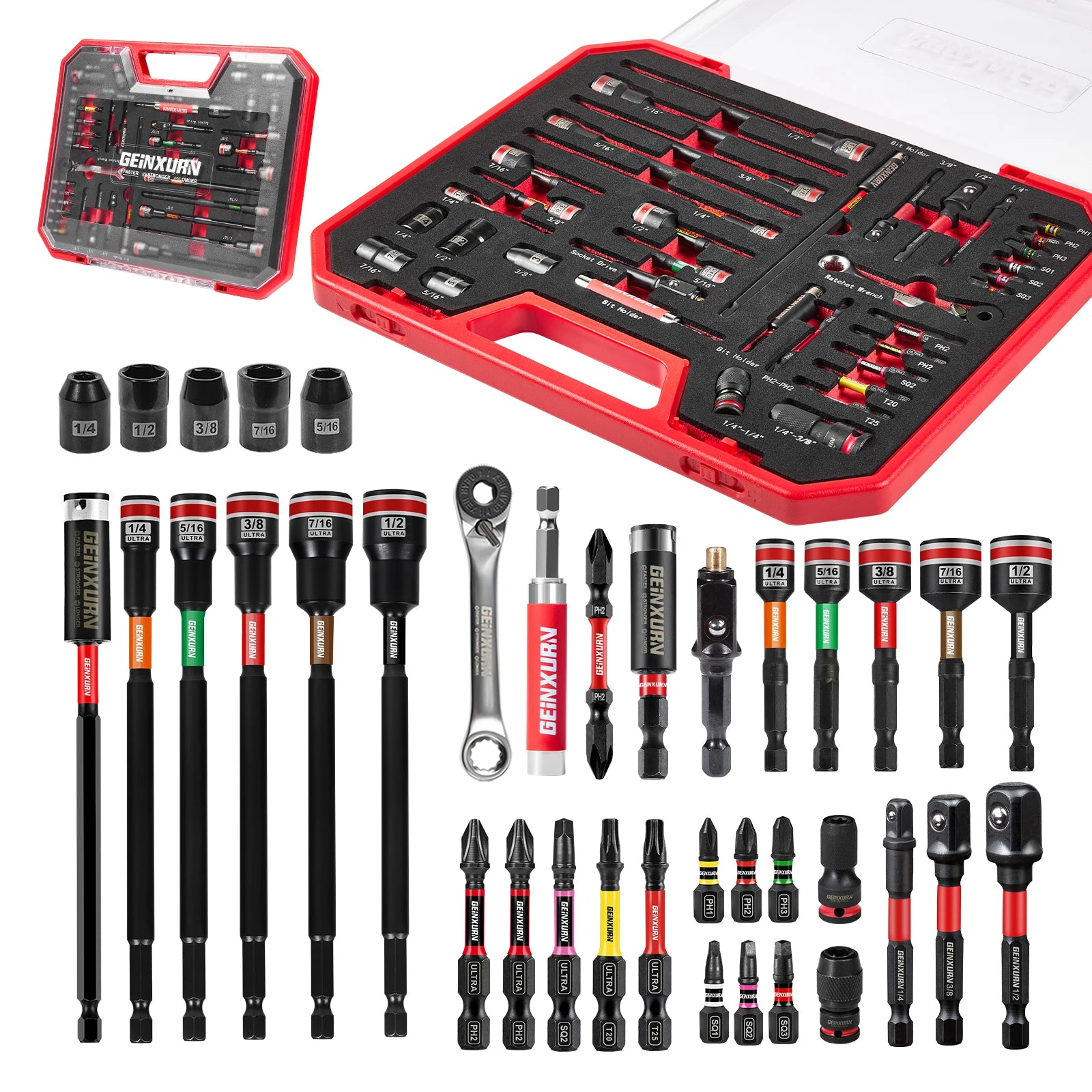 37-Piece Color Coded Impact Heavy-Duty Magnetic Nut Driver Ultra-thin Hard Case Box Set Red OEM S2 Alloy Steel 3-Year Warranty