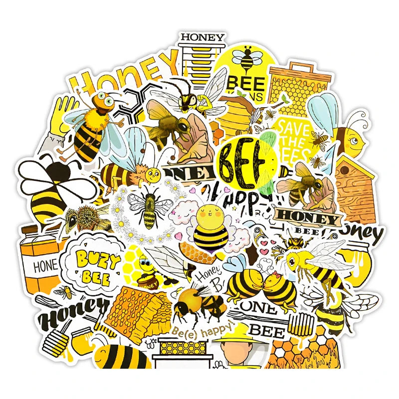 50Pcs Cartoon Yellow Bee Graffiti Stickers for Laptop Skateboard Car Bee Vinyl Sticker