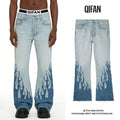 Custom Streetwear Fire Patchwork Denim Trouser Pants Bell Bottom Washed Flared Jeans for Men