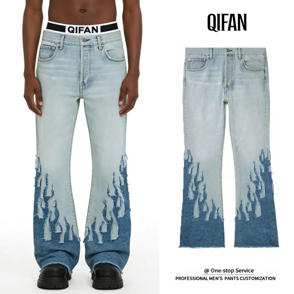 Custom Streetwear Fire Patchwork Denim Trouser Pants Bell Bottom Washed Flared Jeans for Men