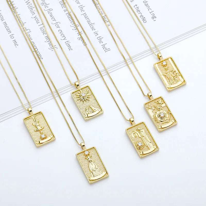 Square Zodiac Sign Necklace Astrology Mystical Gold Chain Jewelry Birthday Gift Horoscope Zodiac Tarot Card Pendant Necklace