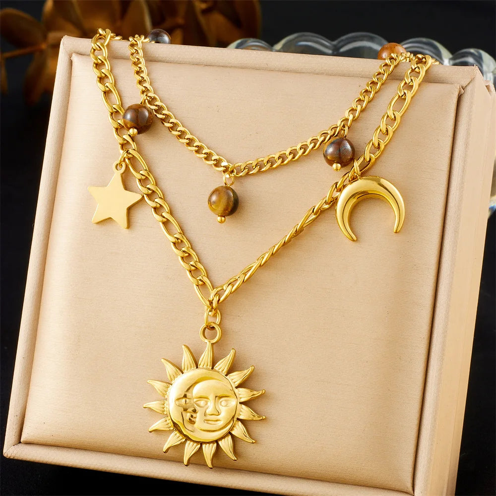 New Double Layer Stainless Steel Sun and Moon Charm Necklace Tarnish Free 18k Gold Plated Tiger'eye Stone Charm Necklace Women