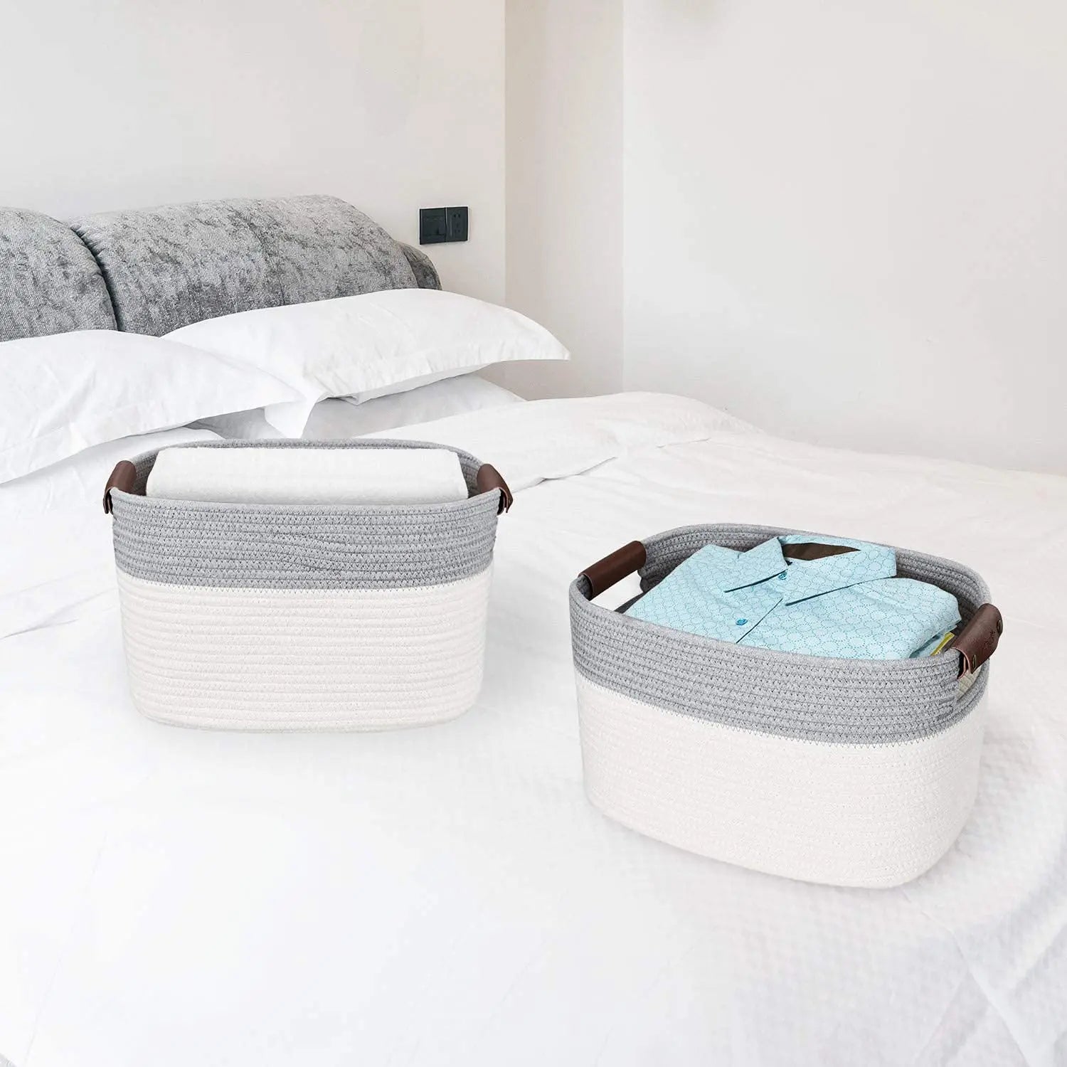 Easter Baskets Decorative Woven Cotton Rope Storage Baskets With Leather Handles Chalk Tags
