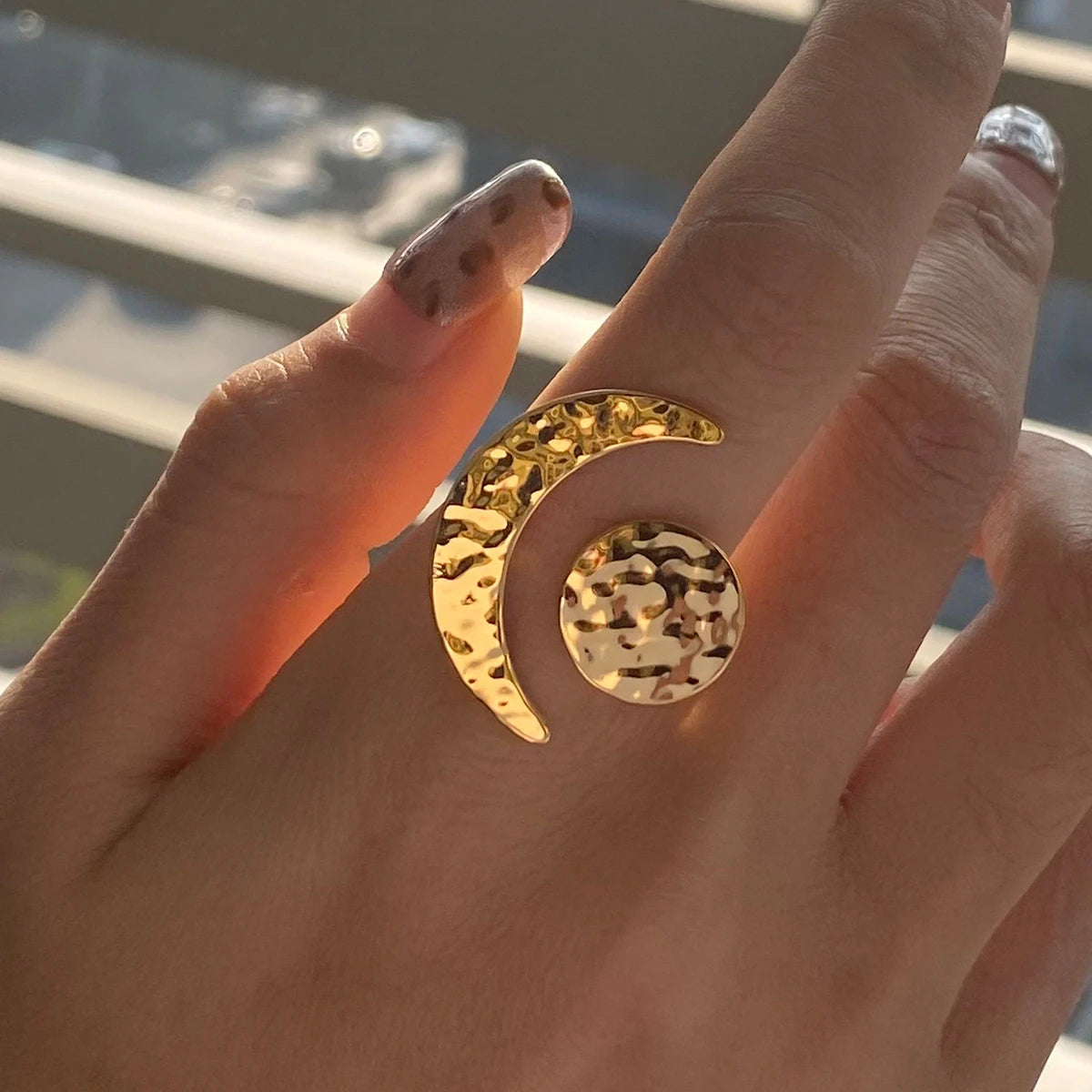 J&D Minimalist 18K Gold Stainless Steel Two Tone Color Hammered Moon Sun Adjustable Open Rings