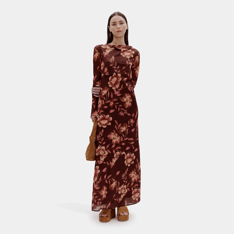 Clothes Women Graceful Bias Cut Long-Sleeved Dress Embossed Flower Print Beauty Dress Online Retailer Clothing Manufacturers
