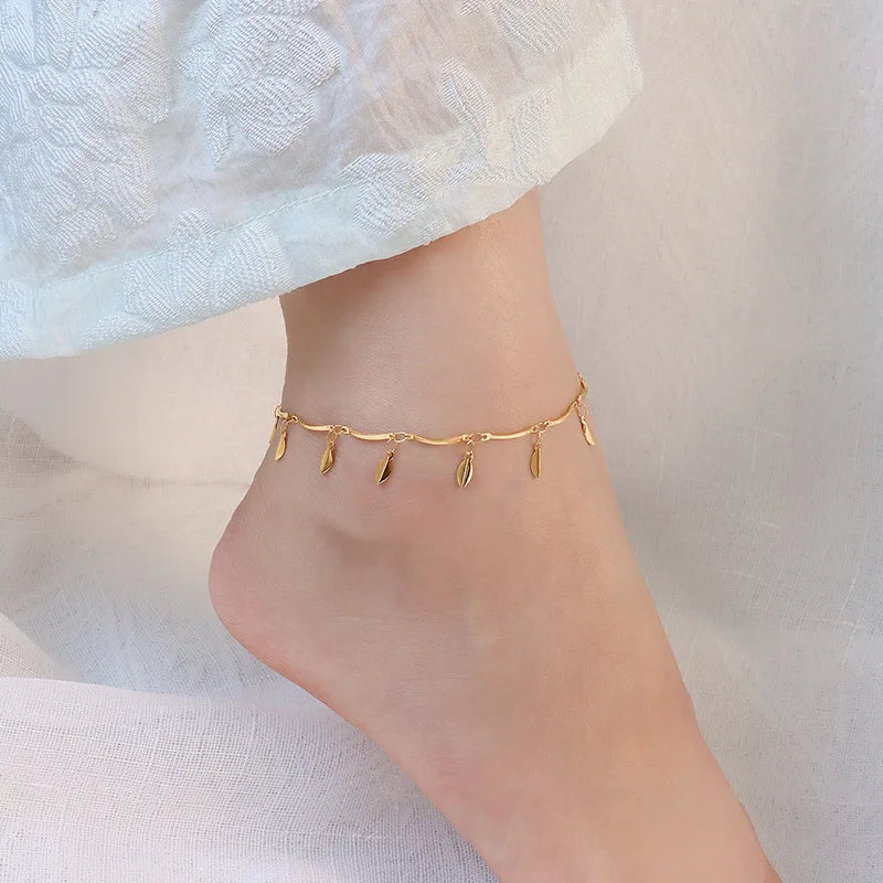 Brand New Fashion 18k Gold Plated Handmade Chain Gold Leaf Pendant Summer Anklets Chain Jewelry Anklet