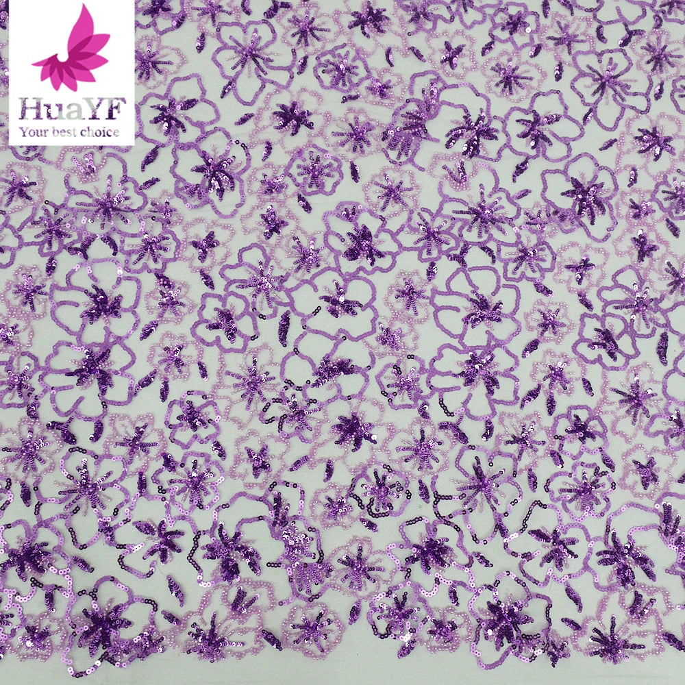 HY2129-9 Popular Design Purple Flower Sequins Beaded Bridal French Lace Wholesale Price Lace Fabric