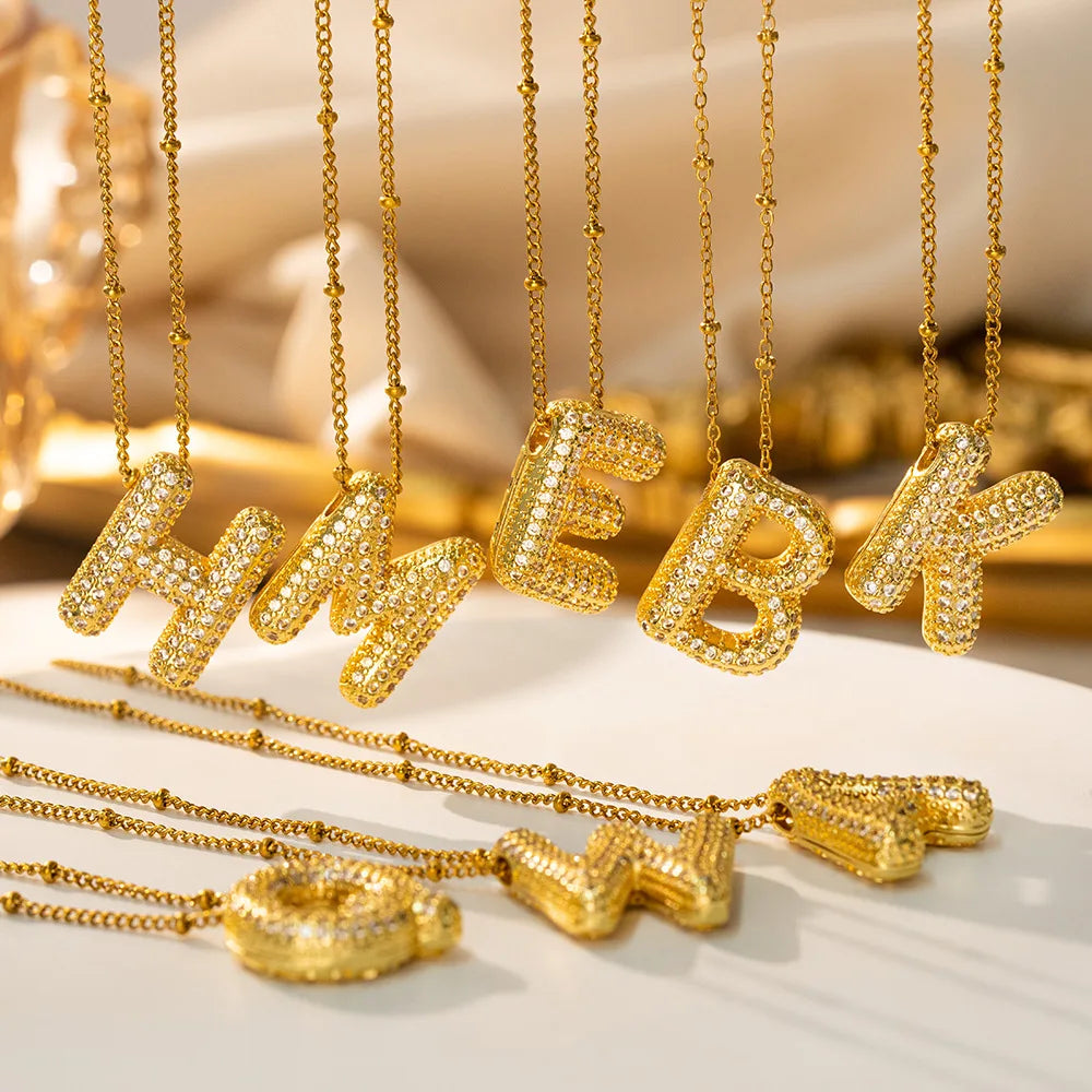 Chunky Alphabet 3D Bubble Letter Zirconia Necklace Dainty 18K Gold Balloon Initial Letter Pendant Beaded Necklaces for Women