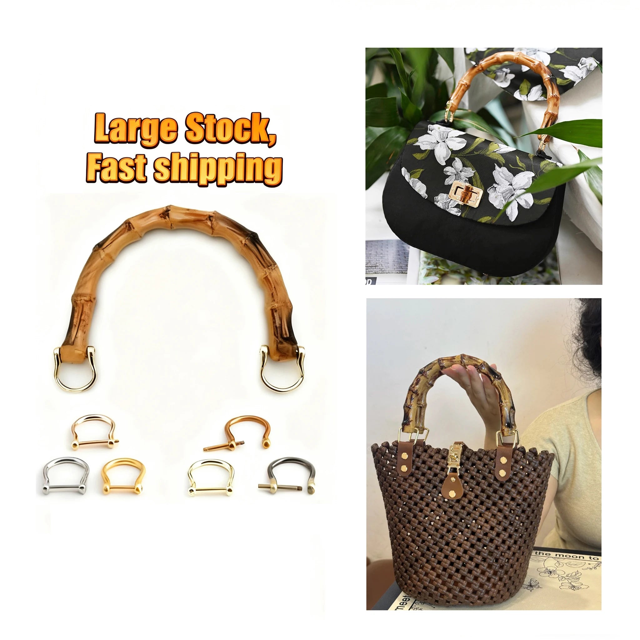 5" Plastic Bamboo Purse Handle U-Shape Handle Replacement Tote Bag Handles D Buckles for Crochet Beach Straw Bag DIY Bags Making