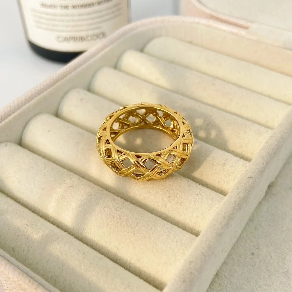 Woven Mesh Wide Curved Ring Joyas De Acero Inoxidable Stainless Steel Electroplated 18k Gold Ring