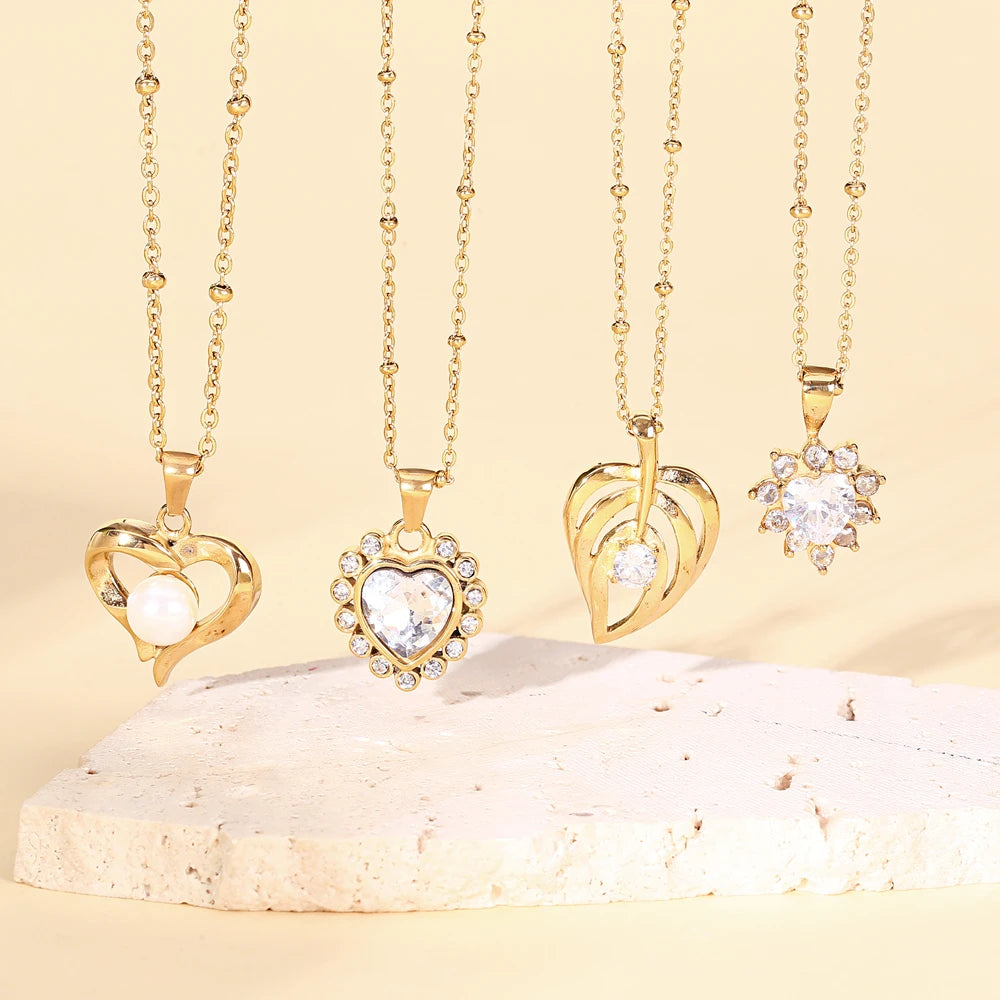 Luxury Stainless Steel Gemstone Heart Crystal Pendant Necklace 18K PVD Gold Plated Hypoallergenic Trendy Styling for Engagement