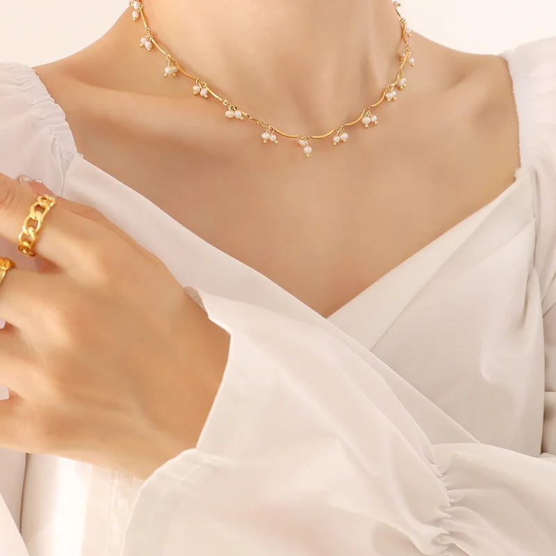 Charm Stainless Steel 18k Gold Pvd Chain Jewelry Baroque Freshwater Pearl Small Steel Ball Design Choker Necklace