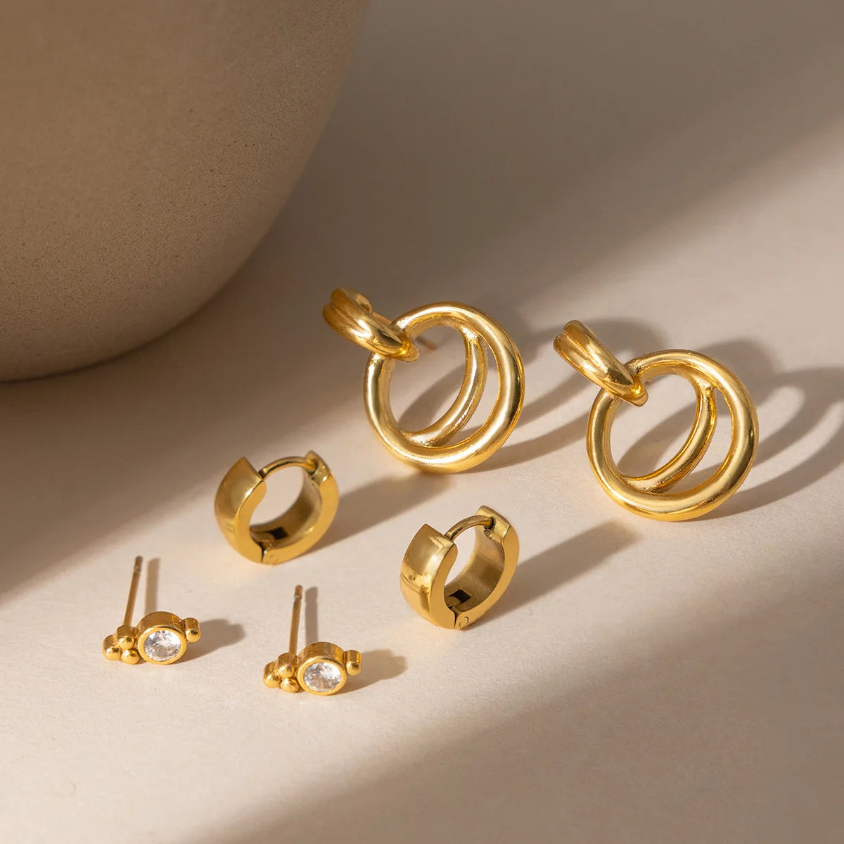 3Prs/set Stainless Steel 18K PVD Gold White Zircon Hollow Earring Stud