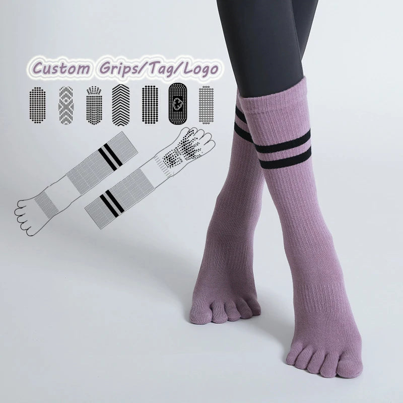 Wholesale Custom Logo 5 Toe Yoga Grip Socks Anti-Slip Thick Long Crew Length Anti-bacterial Gym Pilates Socks Knitted Customized