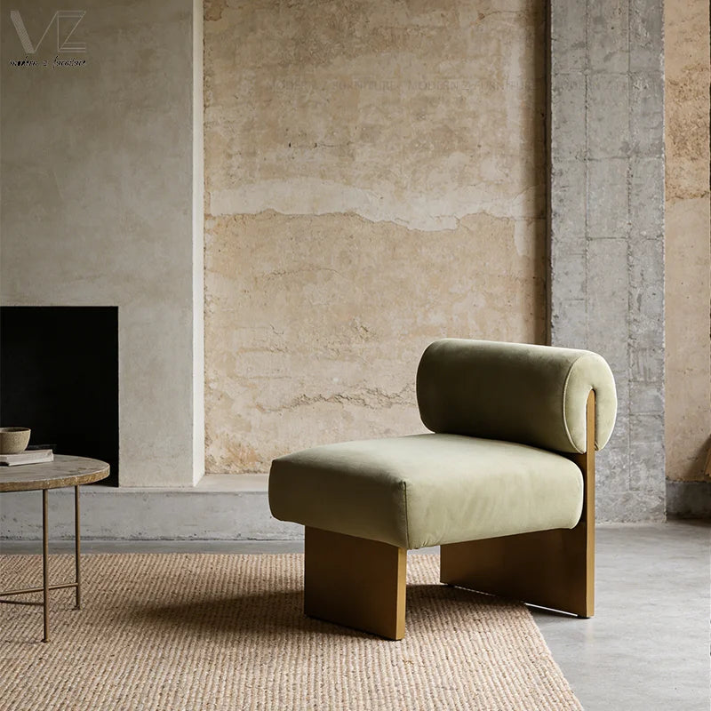 Japanese Style Modern Nordic Hotel Wabi Sabi Furniture Living Room Lounge Single Sofa Chair Velvet Golden Metal Accent Chair