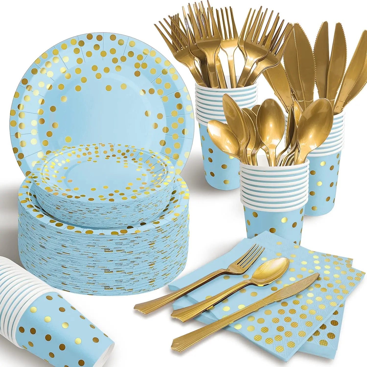 Disposable Plates Blue and Gold Party Dinnerware Set Disposable Blue and Gold Dots Party Supplies Paper Plates Paper Napkins