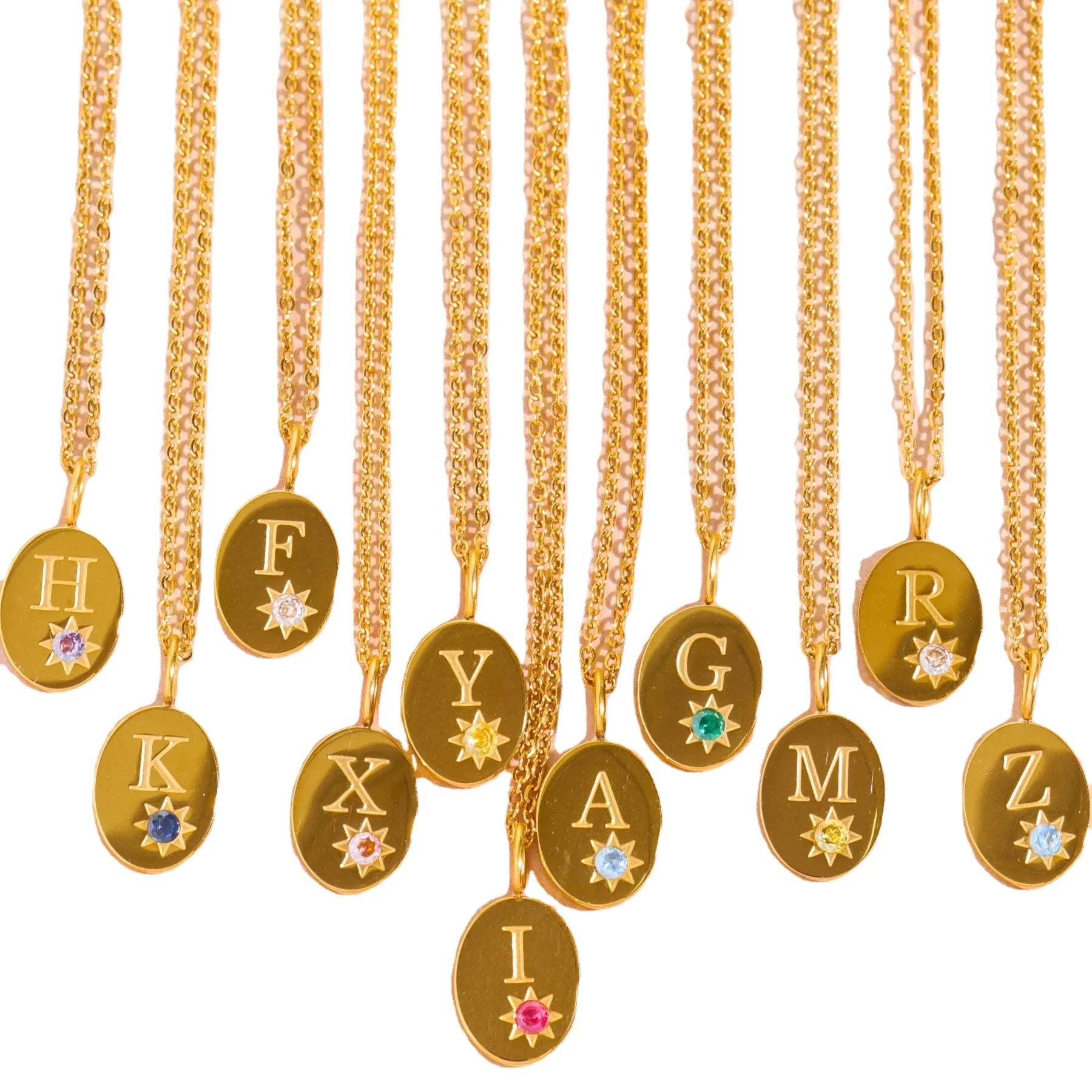 Personalized 18K Gold Initial Pendant 26 Letters Stainless Steel Oval Necklace Women's Jewelry Birthstone for Wedding