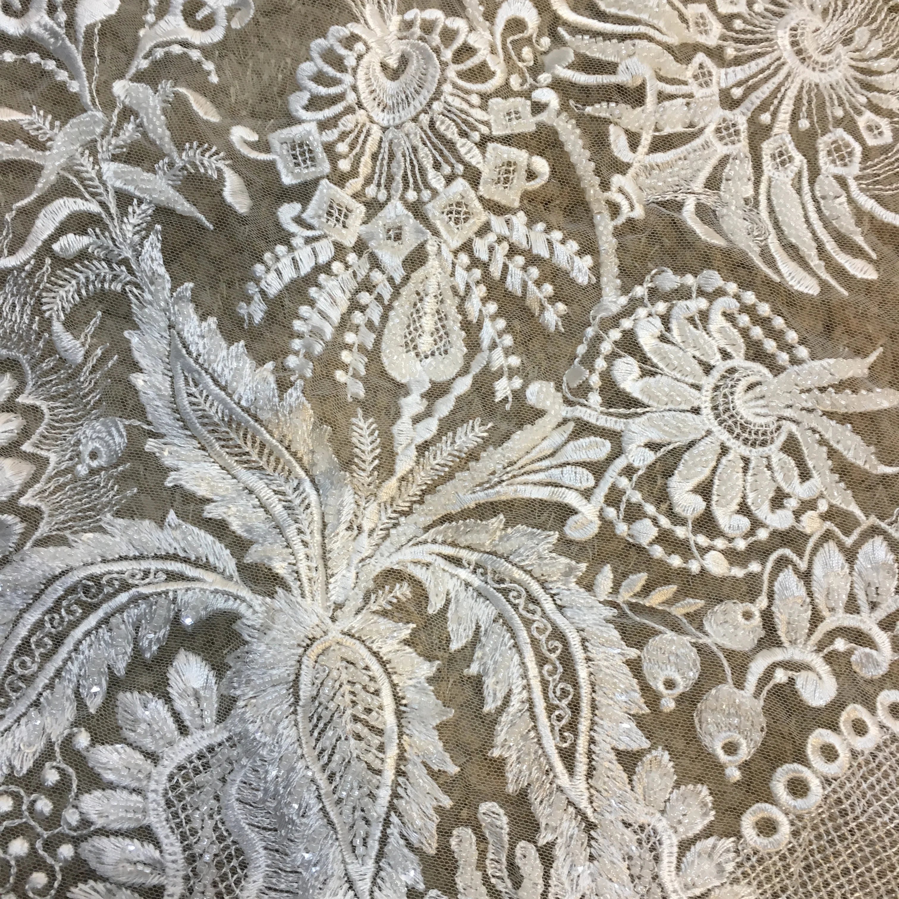 Sparkling Glitter White Wedding Dress Lace Fabric With Luxurious Crystals 3D Embroidered Bead Lace Fabric