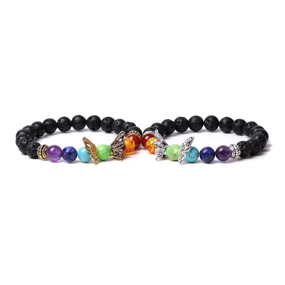 Handmade 8mm Natural Stone 7 Chakra Stone butterfly Charms Elastic Bracelet Fashion Beaded Bracelet