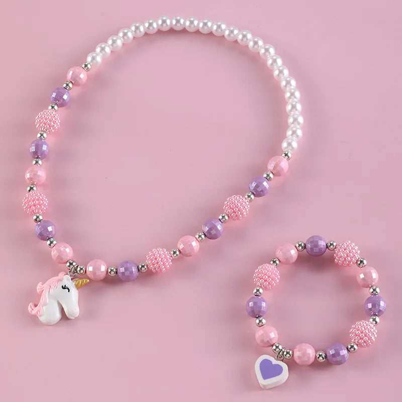 2021 Hot Unicorn  Pendant Necklace Bracelet Set Resin Acrylic Children Beads Animal Cartoon Unicorn Kids Necklace Jewelry