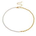 New Dainty Half Link Chain Half Pearl Necklace Stainless Steel 18k Gold Plated Waterproof Cz Cross Pendant Bead Pearl Necklace