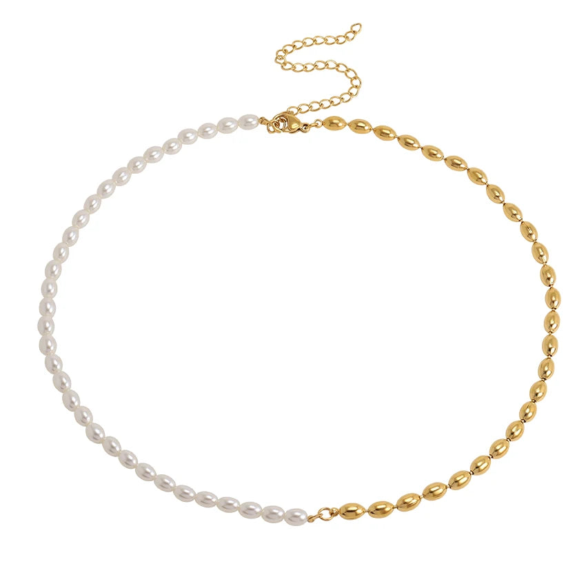 New Dainty Half Link Chain Half Pearl Necklace Stainless Steel 18k Gold Plated Waterproof Cz Cross Pendant Bead Pearl Necklace