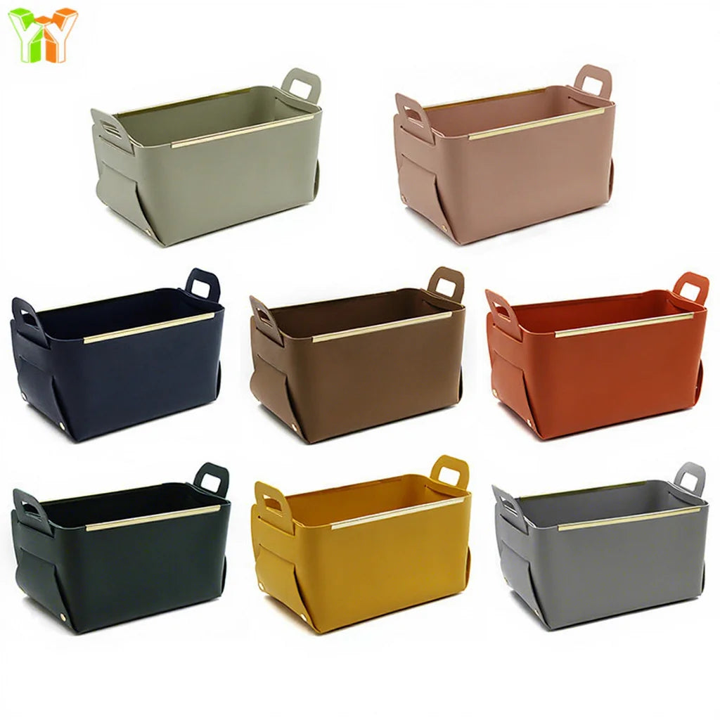 Quick Shipping Leather Desk Organizer With Handle Golden Border Folding Table Desk Organizer Basket Cosmetic Basket