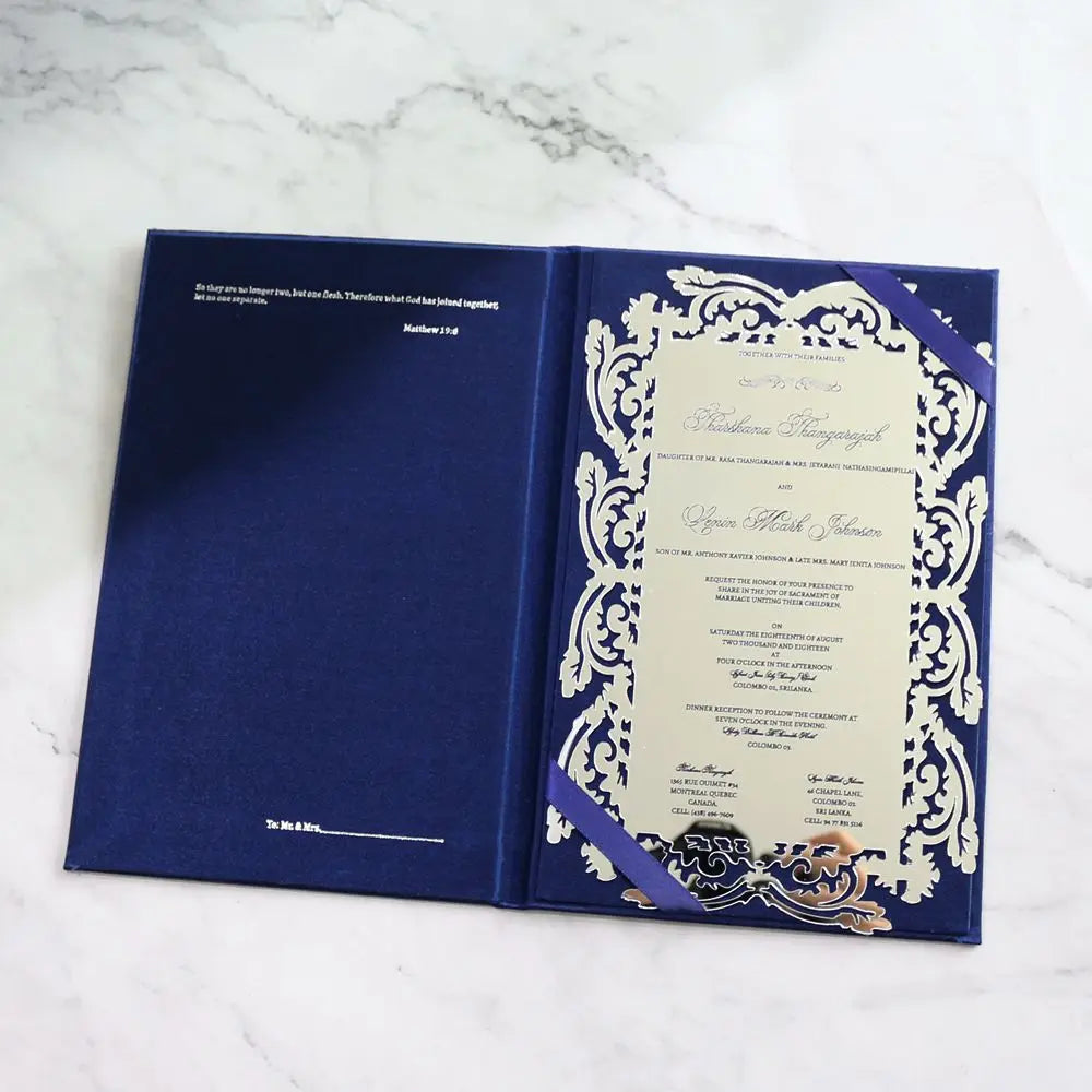 Silk Cloth Gray Board With Laser Mirror Acrylic and Navy Blue Fabric Hardcover Silver Laser Cut Mirror Acrylic Invitation Cards