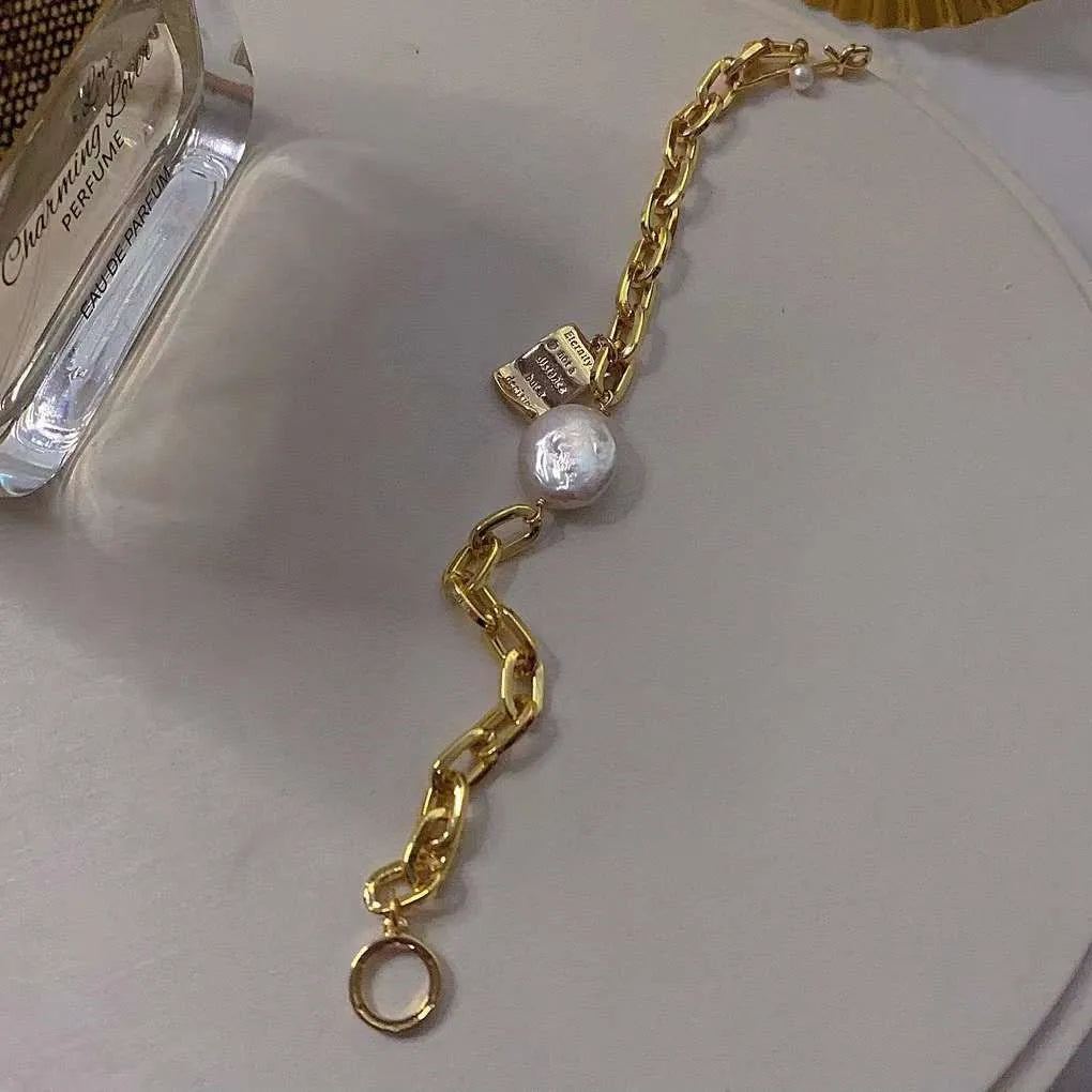 Unisex Gold-Plated Baroque Pearl Bracelet Hip-Hop Style Button Design Natural Freshwater Pearl for Party & Gift Occasions