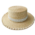 Summer New Trendy Boater Shape Pearls Petra Natural Wheat Straw Hat for Women Lady Fashion Sun Shade
