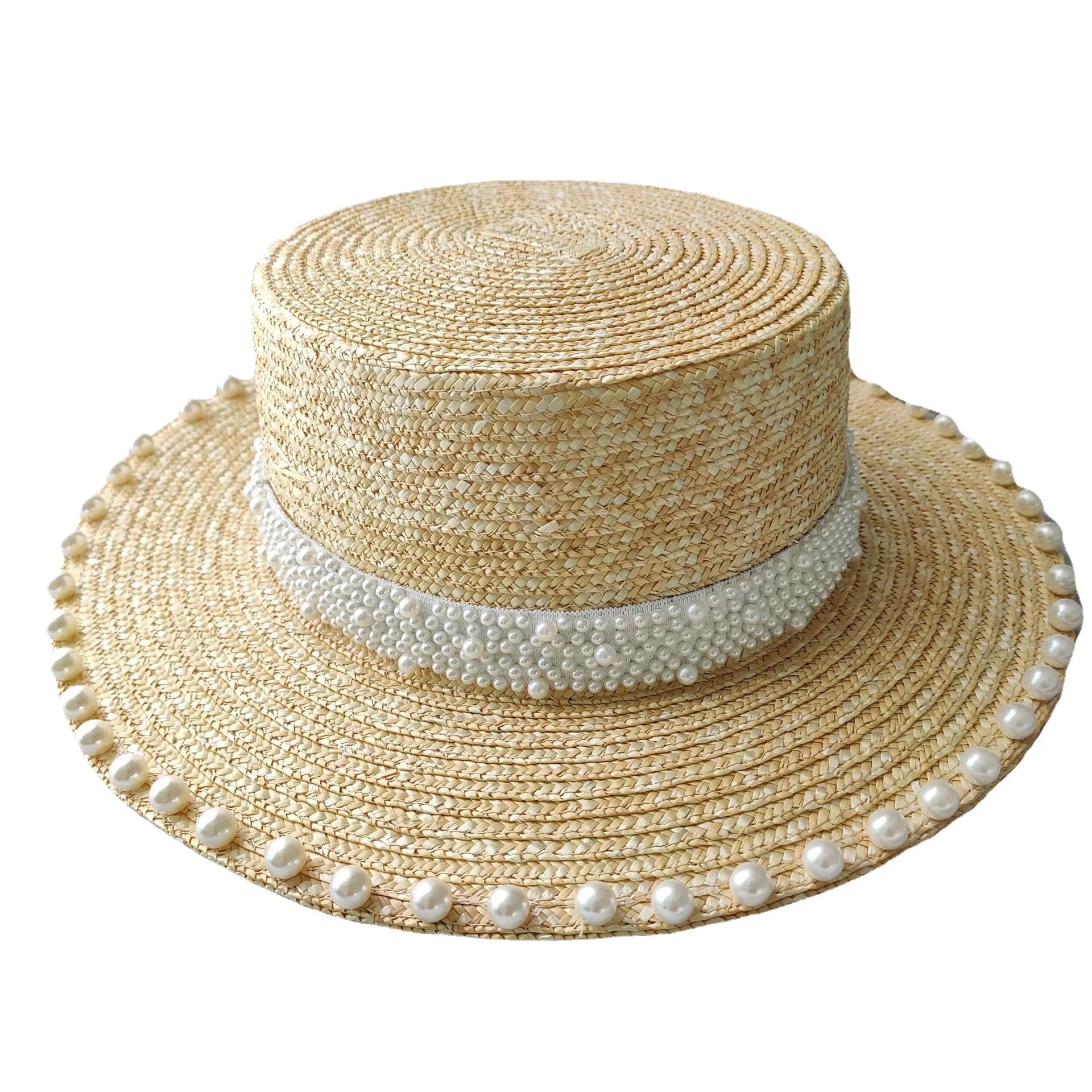 Summer New Trendy Boater Shape Pearls Petra Natural Wheat Straw Hat for Women Lady Fashion Sun Shade