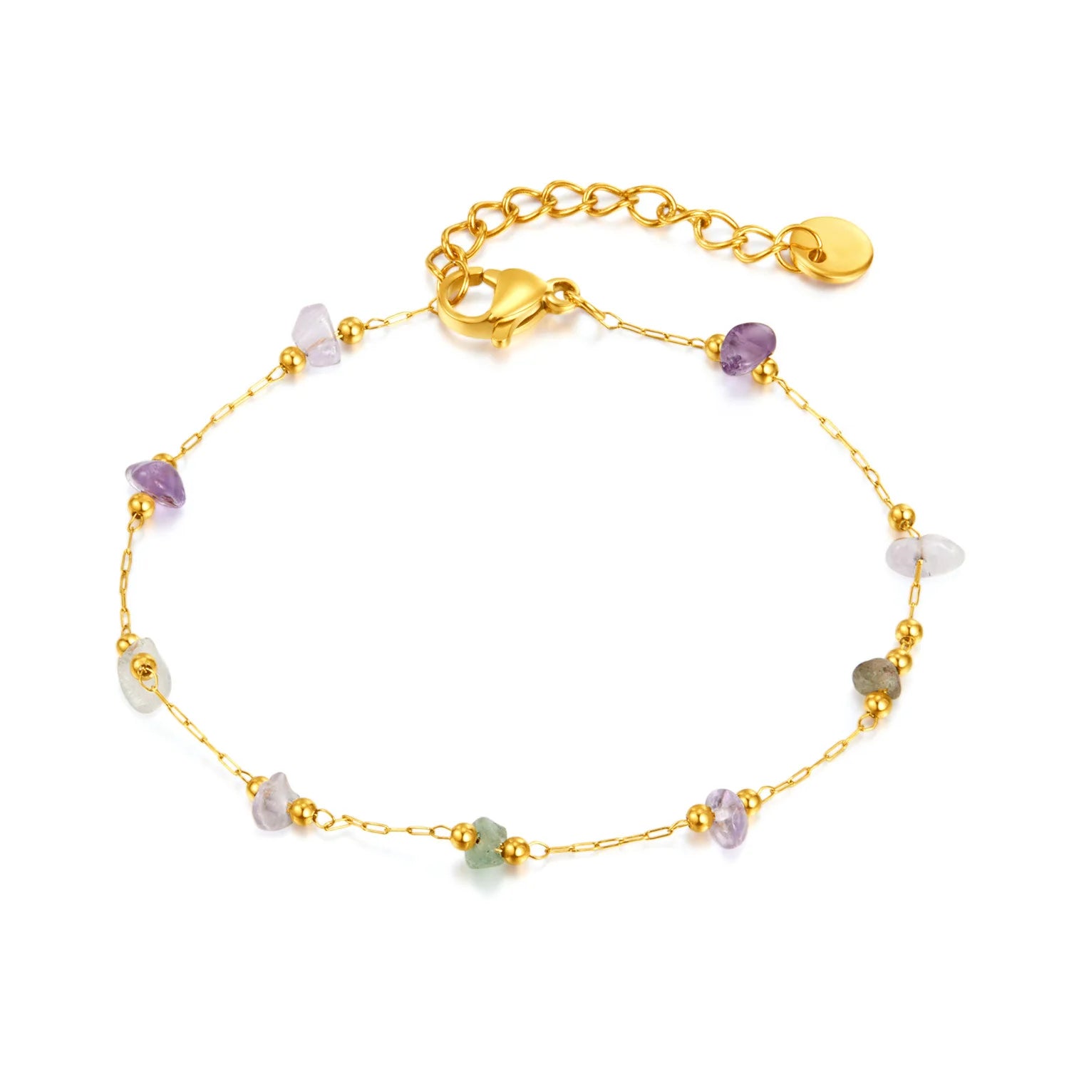 Wholesale Customized Gold Plated Classic Luxury Korean Colourful Natural Stone Beaded Stainless Steel Bracelet for Women Daily