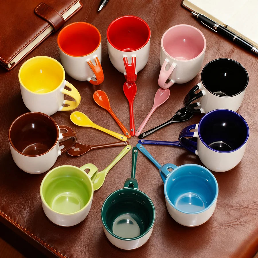 Topjlh Sublimation Blanks Ceramic Coffee Mug 12oz Colorful Mug with Spoon DIY Coated Ceramic Coffee Mug for Milk Tea Daily Use