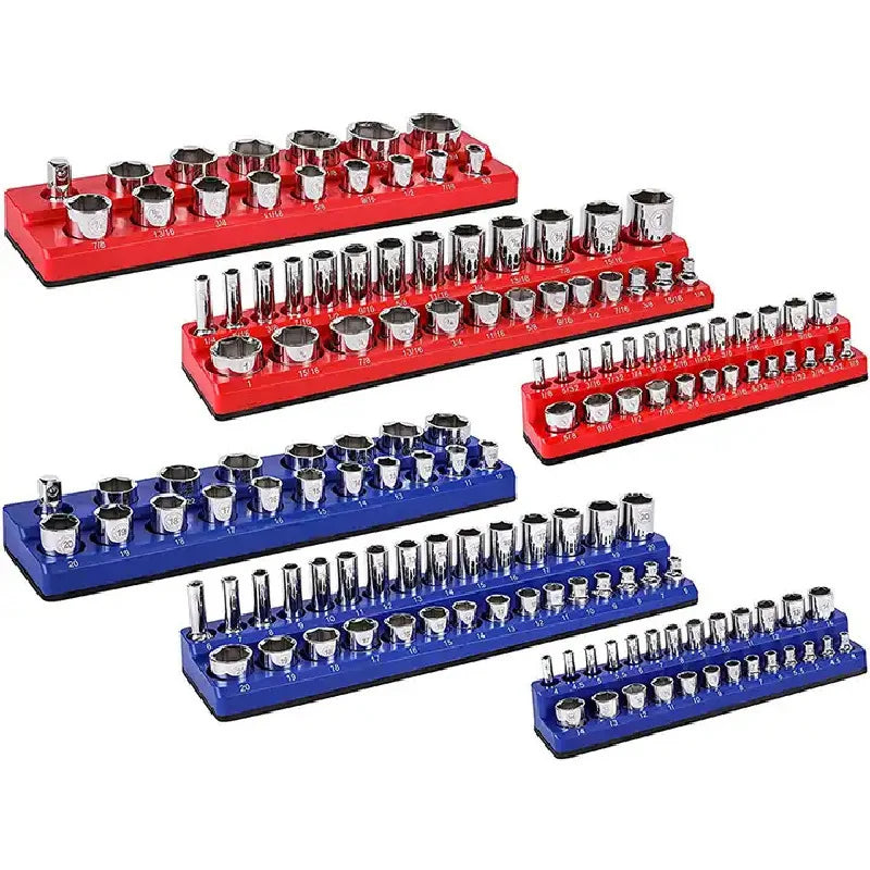 6pcs Set Red & Blue Magnetic Socket Organizer Set Metric and SAE Shallow 1/4 In 3/8 In 1/2 in Socket Holders