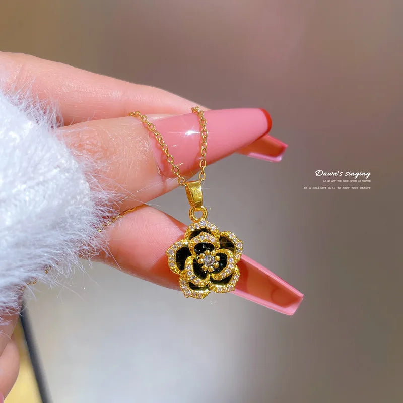 Sparkling Micro Diamond Black Flower Pendant Necklace Stainless Steel Chain Gold Plated Zircon Bling Camellia Choker Necklace