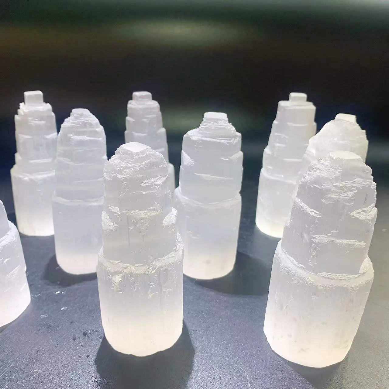 Wholesale Natural Healing Crystal Tower Lamp Crafts Selenite Tower Lamp Carvings for Collection