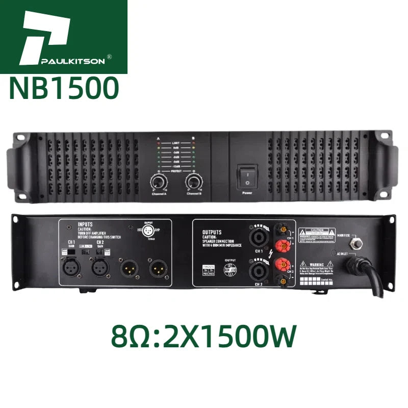 Paulkitson NB1500 Dual Channel Professional Class TD Power Amplifier 2X1500 Watts for Stage Use with 4ohm & 8ohm Impedance