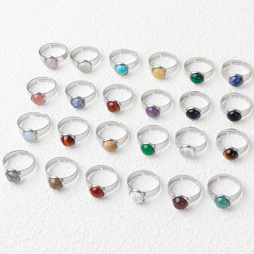 Wholesale Natural Stone Round Rings Gemstone Assorted Crystal Stones Adjustable Ring Multi Color