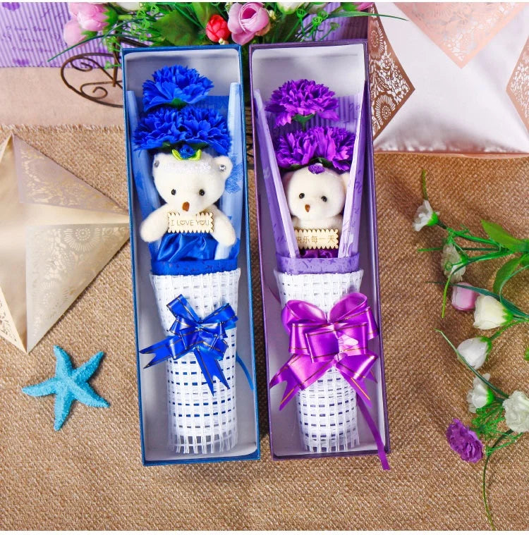 Valentine's Day Gift Mother'S Day Gift Teacher's Day Gift Flowers 3 Carnations and Bear Soap Flower
