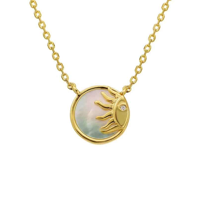 Gemnel Fashion 925 Sterling Silver 18k Gold Mother of Pearl Sunshine Cz Pendant Necklace
