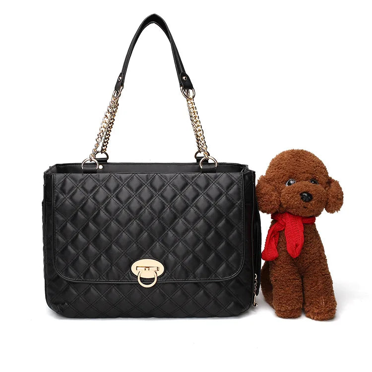 Eco-friendly Luxury Quilted Pu Leather Foldable Fashion Travel Airline Approved Dog Pet Cages Carriers Tote Bag 1-6kg Black