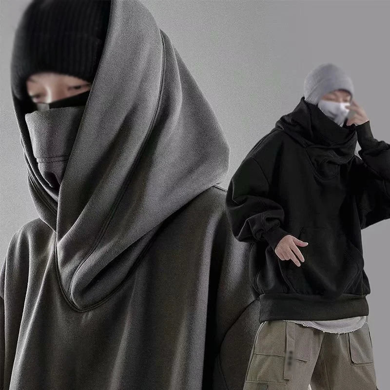 High Quality Crop Shoulder Pullover High Neck Hoodie Men Dark Grey Shirt  Hoodies Men Oversized Hip Hop Street/