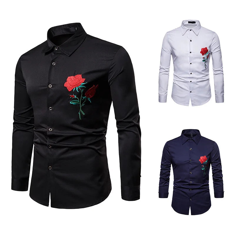 2023 New Rose Embroidery Rose Men's Casual Long-sleeved Shirt